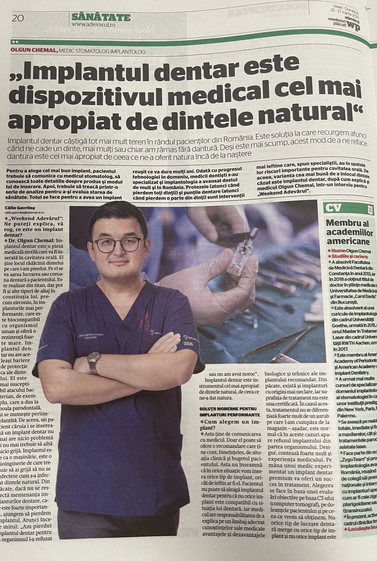 Interviul cu dr. Olgun Chemal în ediția tipărită Weekend Adevărul, 25–27 martie 2022